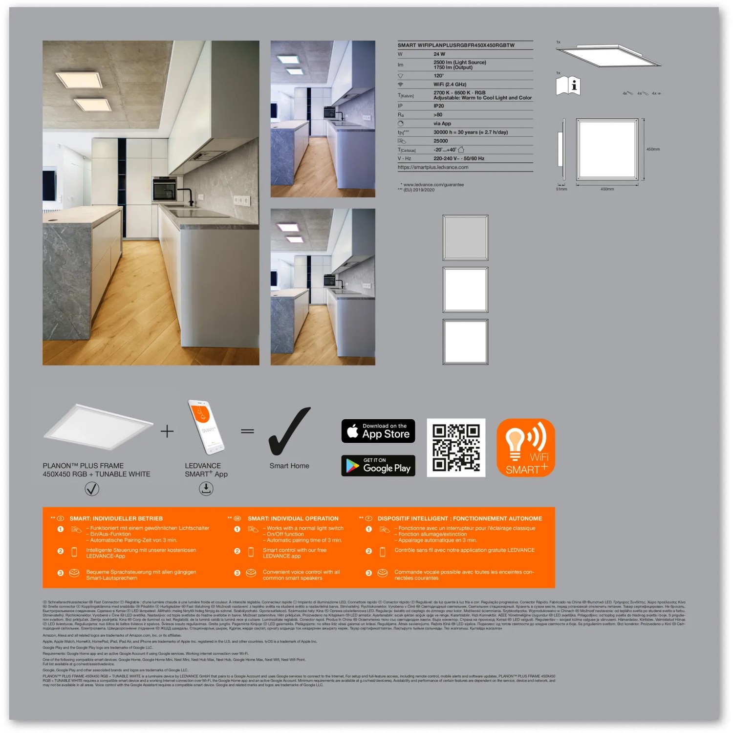Ledvance Smart+ WiFi Panelleuchte Planon Plus 45x45 cm mit Farbwechsel in Küche.