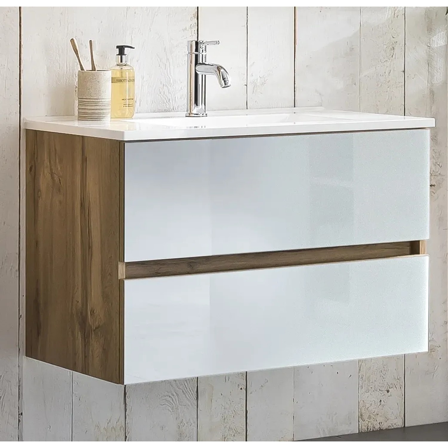 Held Möbel Waschtisch Pisa, 80 cm, Weiß-Wotaneiche, mit zwei Auszügen und Mineralgussbecken.