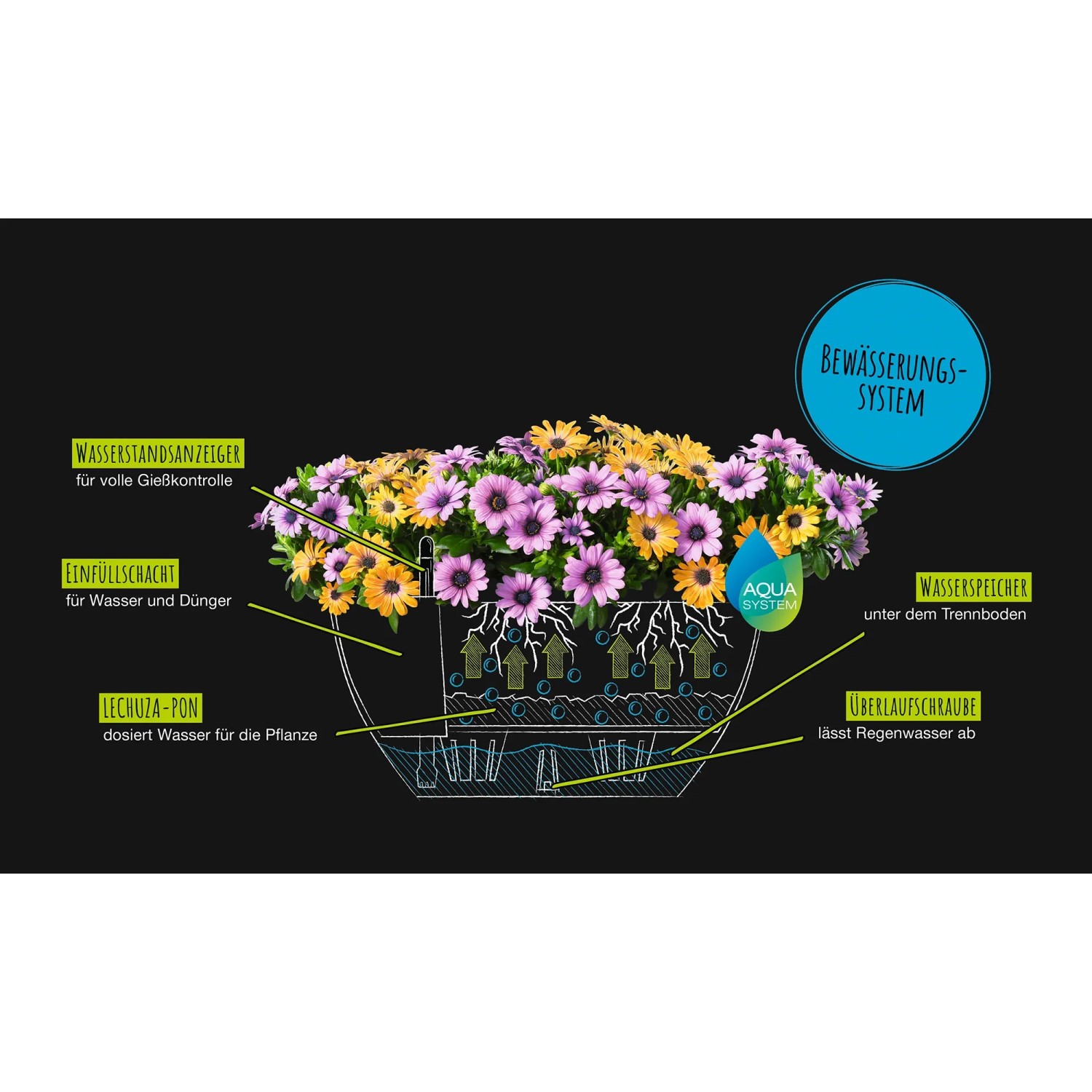 Schema des Lechuza Cubeto Stone 40 Pflanzgefäßes mit Bewässerungssystem und Pflanzen.