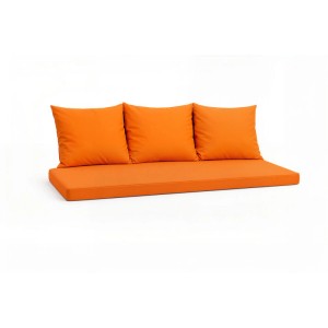 Orangefarbenes Bankkissen-Set für 3-Sitzer Gartenbank, bestehend aus Sitzkissen und 3 Rückenkissen.