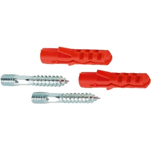 Set aus zwei Stockschrauben M8 und zwei Dübel zur Befestigung in Mauerwerk und Holz.