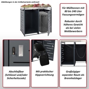 Anthrazitfarbene MCW Mülltonnenbox H40 mit Holzlager und Pflanzkasten, 125x130x80 cm.