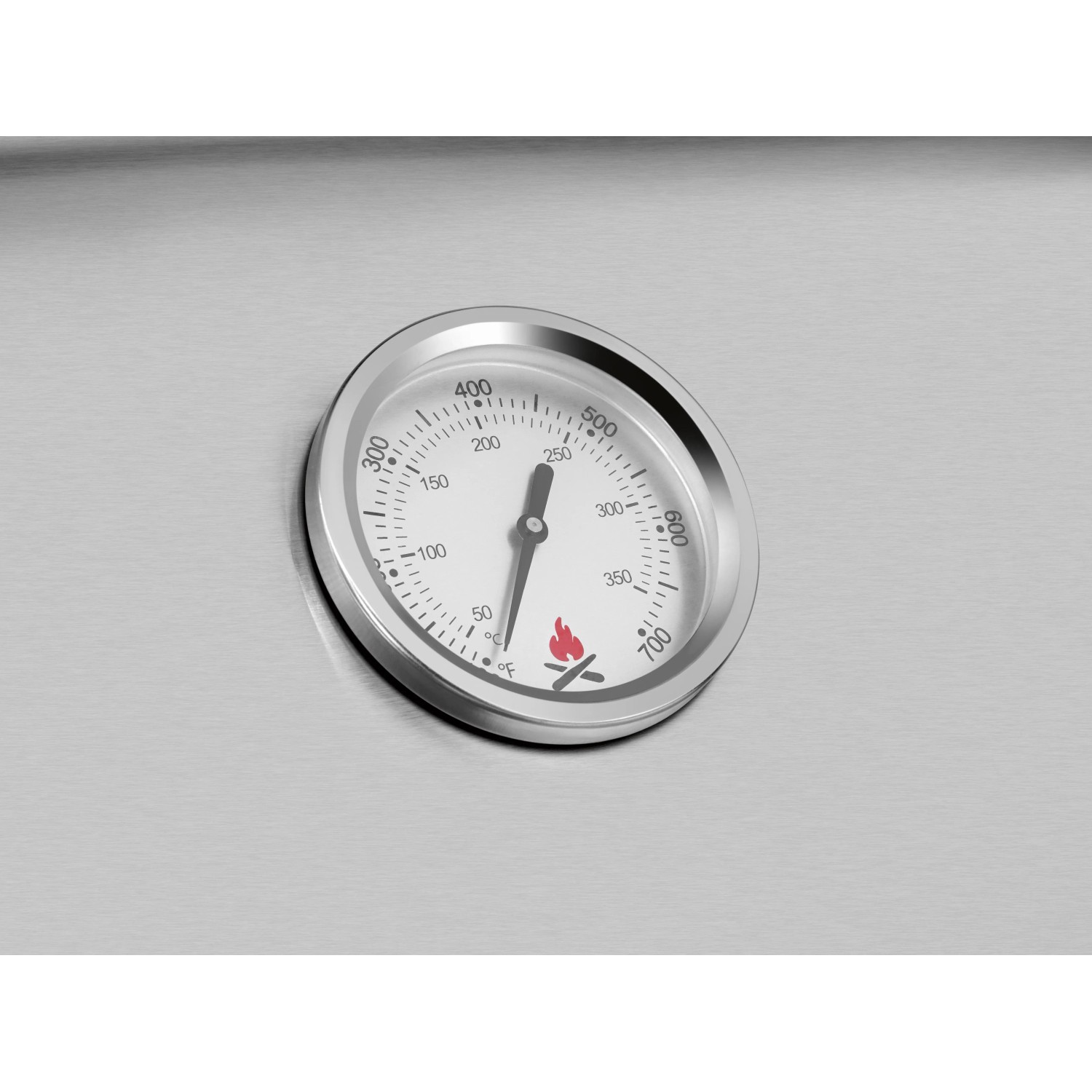 Detailaufnahme des Thermometers am Jamestown Gasgrill Kane. Temperaturanzeige in Grad.
