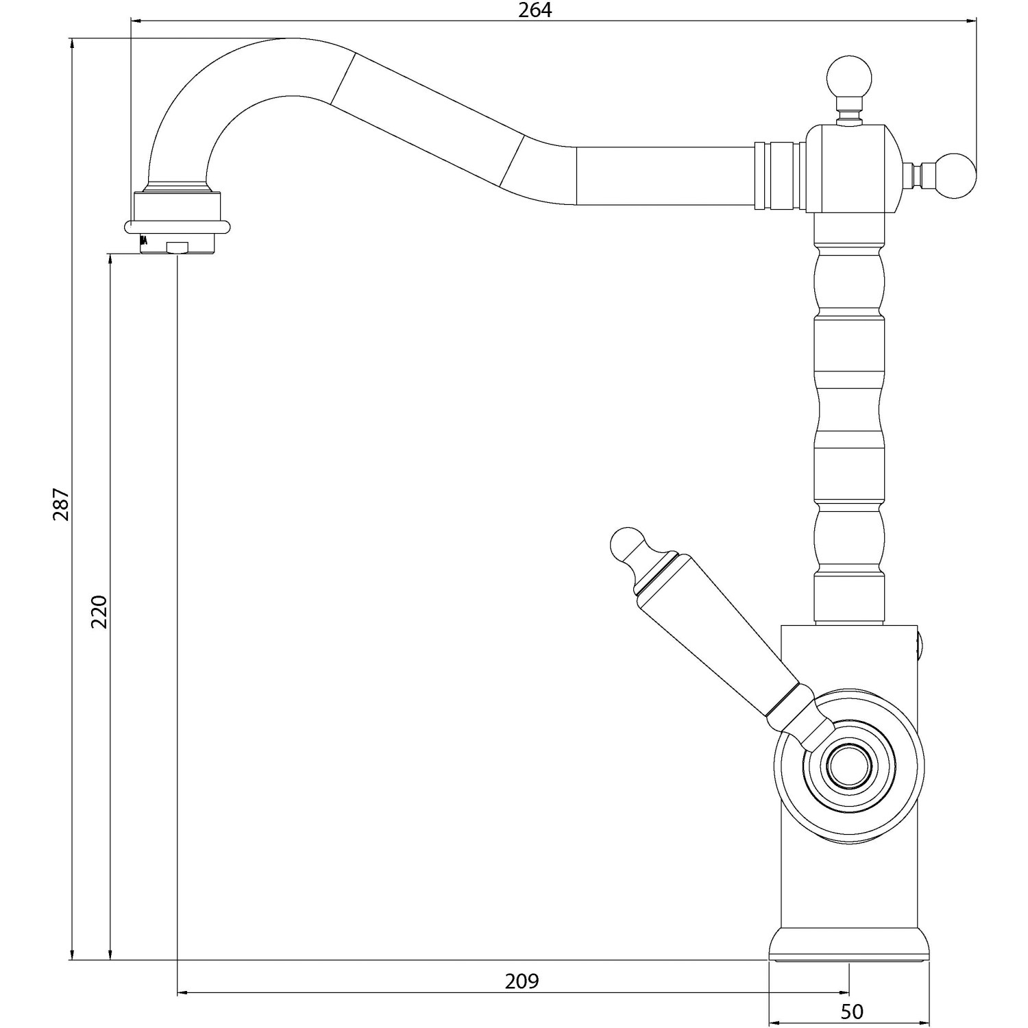 Skizze der verchromten Schütte Küchenarmatur Old Style mit Maßen.