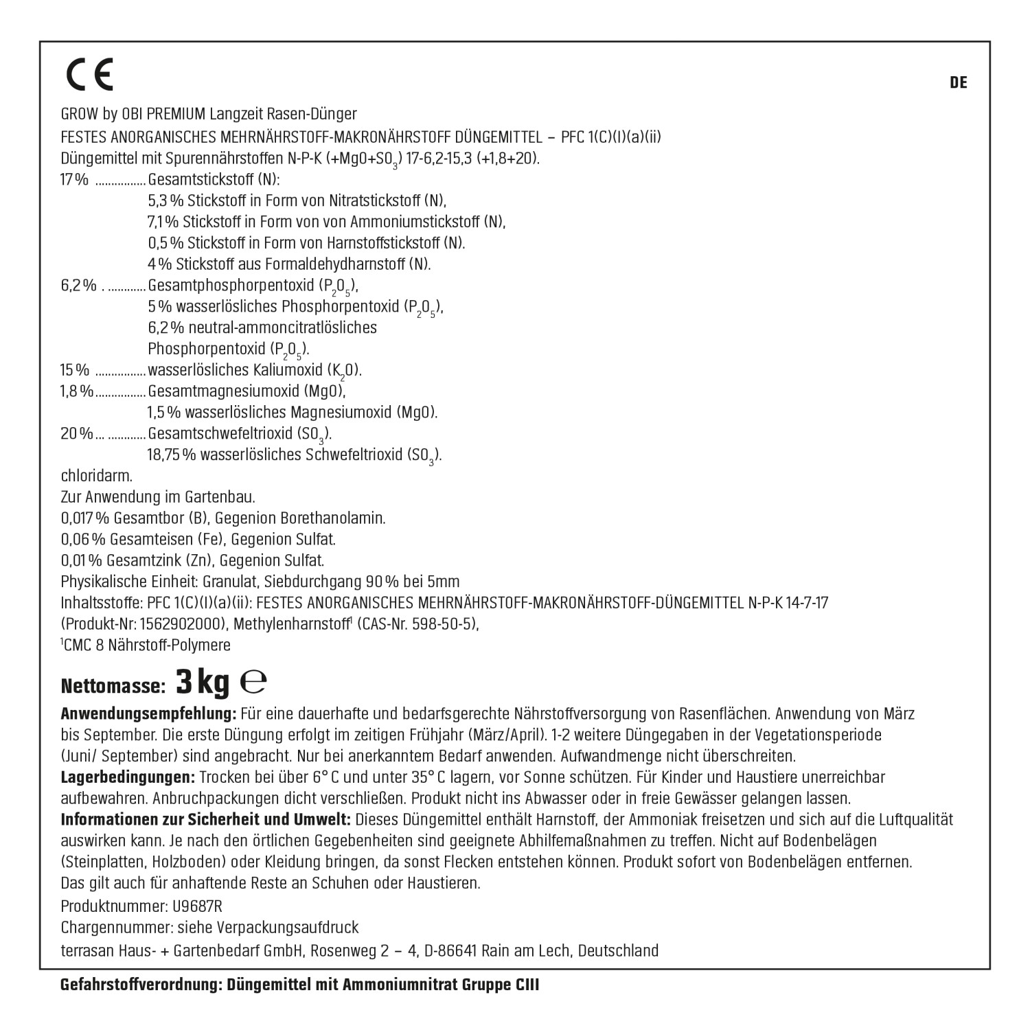 OBI Premium Langzeit-Rasendünger 3 kg für dichten, grünen Rasen. Spezialdünger mit Langzeitwirkung.