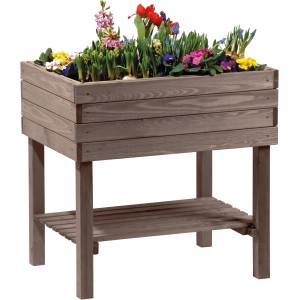 Anthrazitfarbenes Holz-Hochbeet mit Ablageboden, bepflanzt mit bunten Frühlingsblumen.