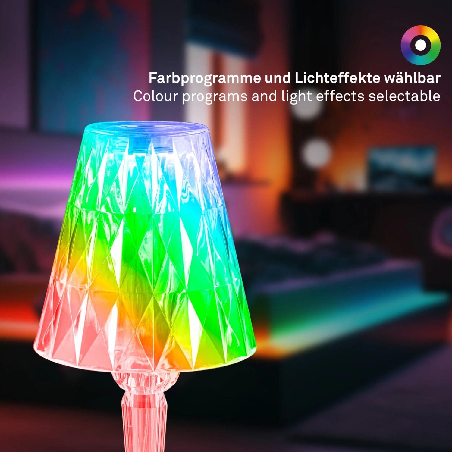 Brilo Akku-Tischleuchte mit Kristalloptik und RGB-Farbwechsel, 25,5x11,5 cm.