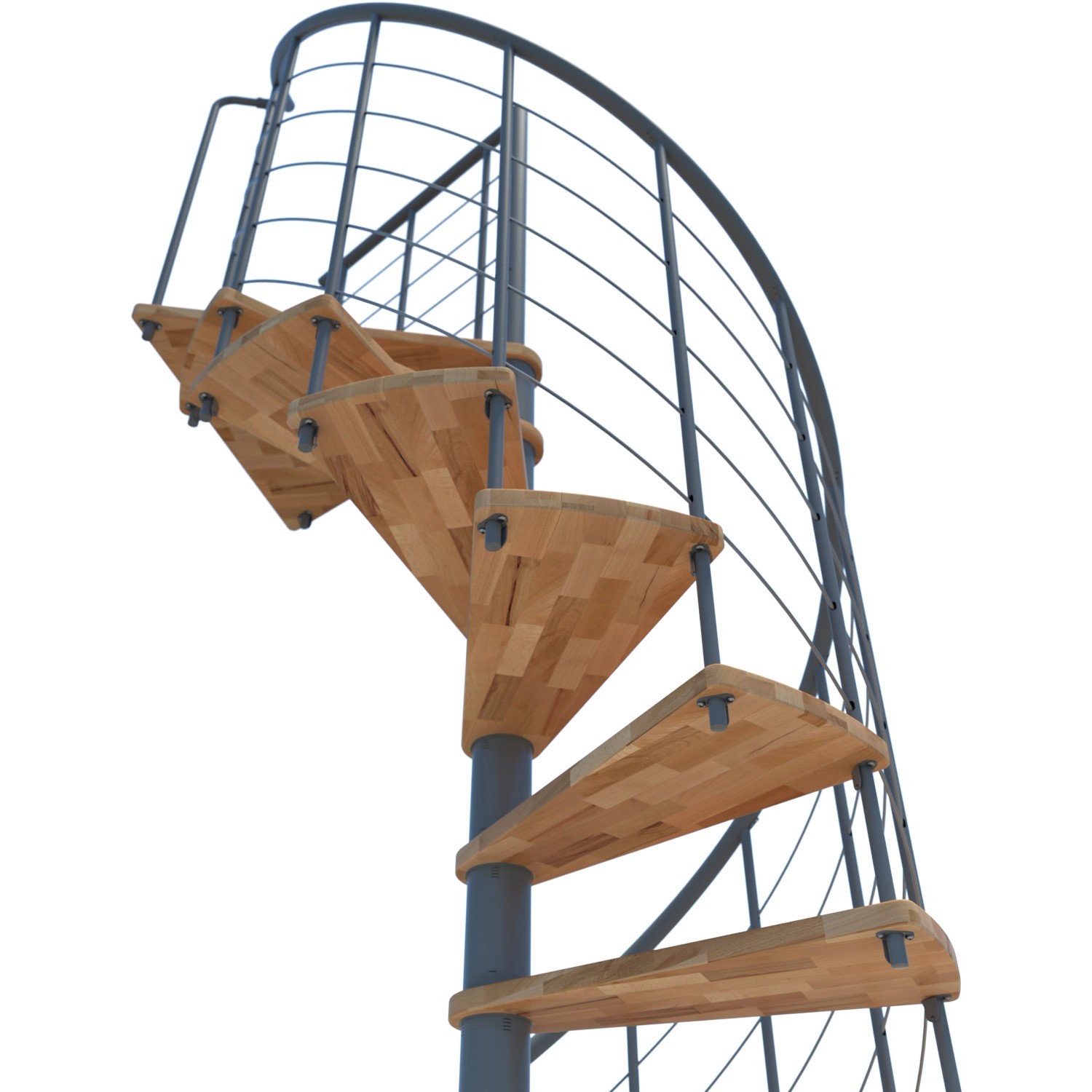 Minka Spindeltreppe Venezia Smart Buche Grau, Detailansicht der Holzstufen und des grauen Geländers.