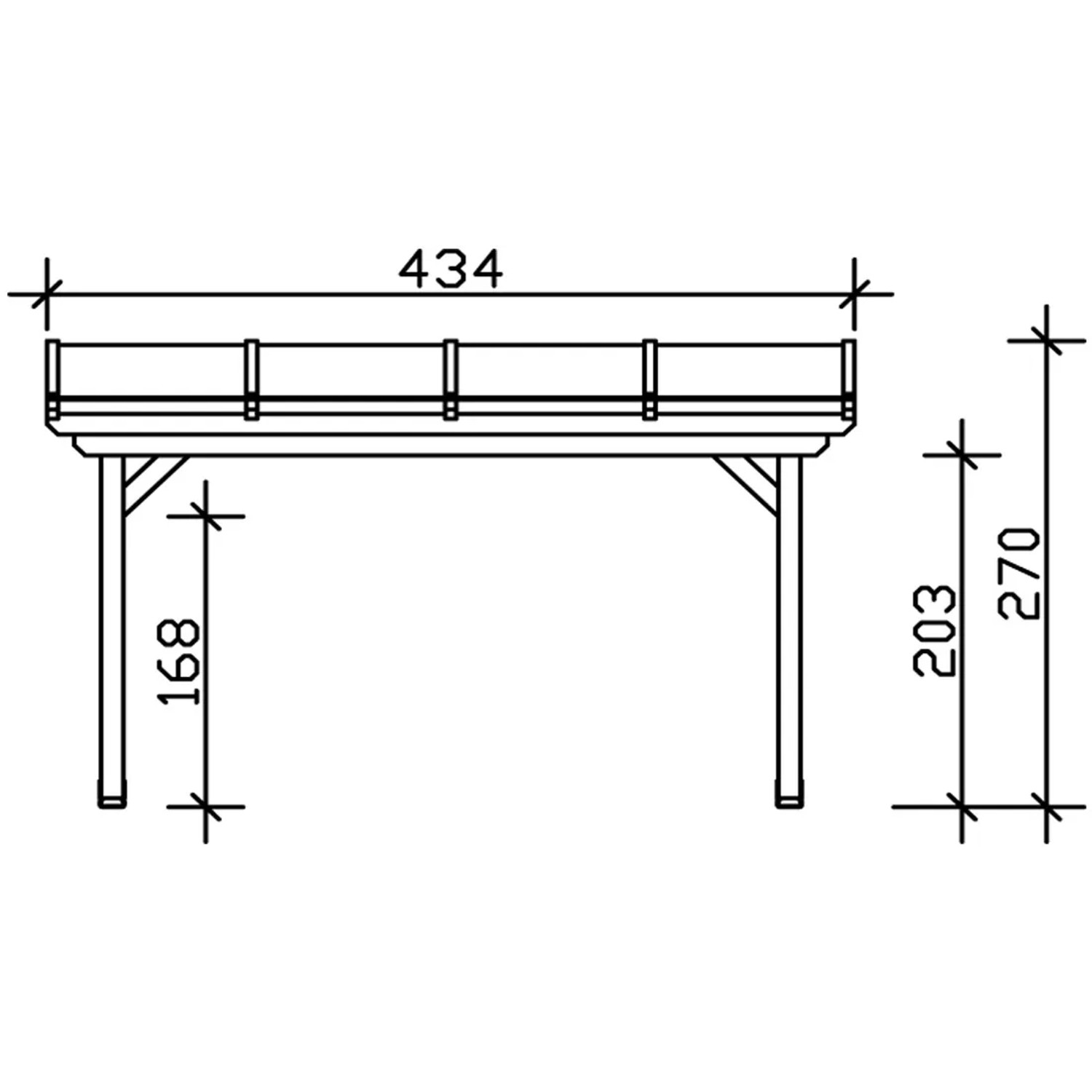 Technische Zeichnung einer Skan Holz Terrassenüberdachung Ancona, Maße 434 x 250 cm.