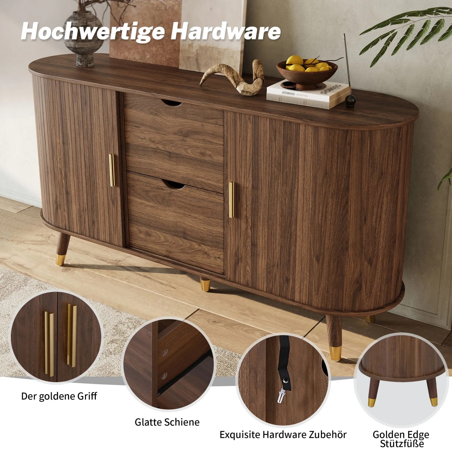 okwish Sideboard mit 2 Schiebetüren 2 Schubladen Wohnzimmer 140x79.5x40cm Braun_7