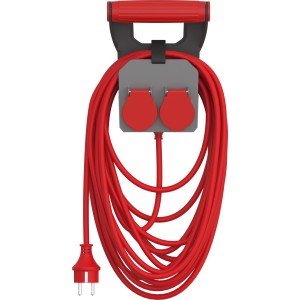 Verlängerungskabel RollOn mit Wandhalterung, 10 m, grau-rot, mit zwei Steckdosen und Kabelaufwicklung.