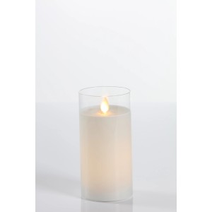 Weiße LED Echtwachs Kerze im Glas (7,5x15cm) mit flackernder Flamme für stimmungsvolle Beleuchtung.