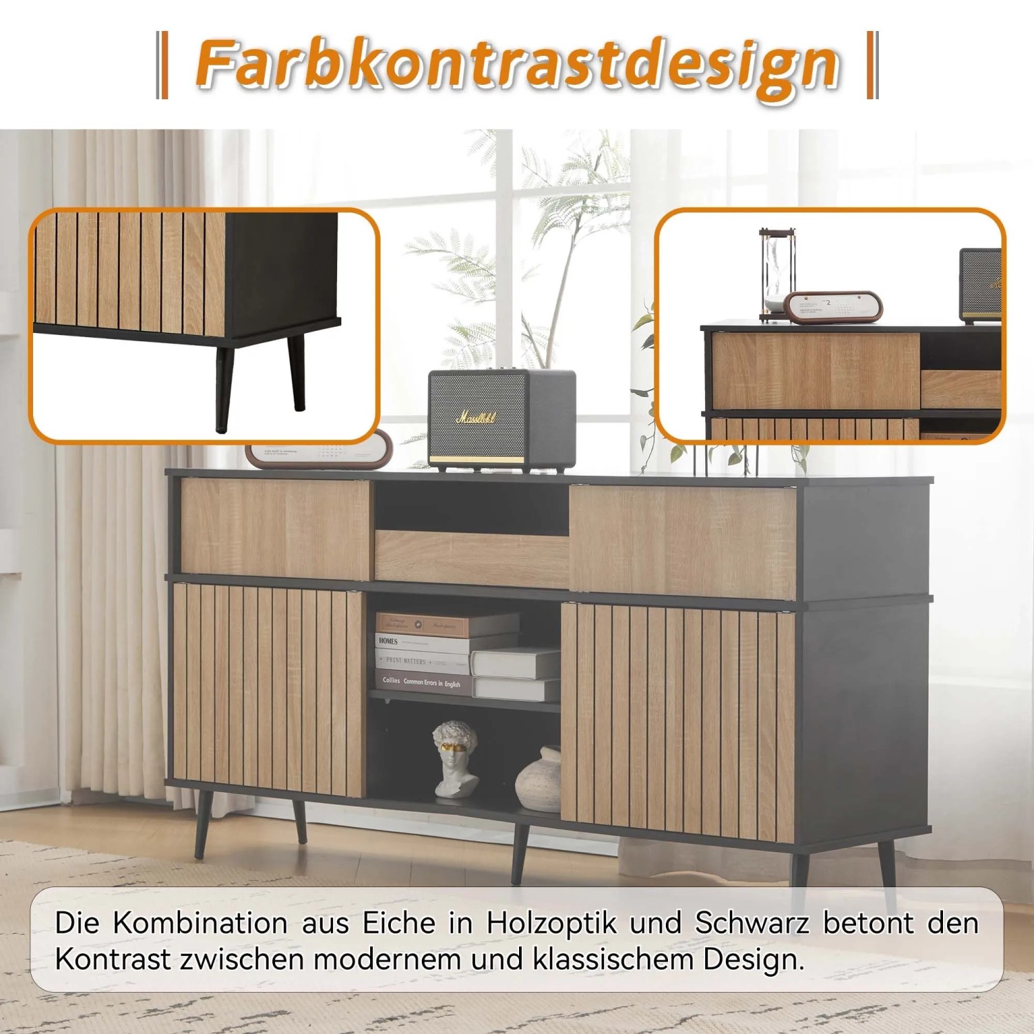 okwish Kommode mit Schiebetüren Schublade Wohnzimmer 160x40x80cm Eiche Schwarz_6