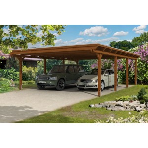 Skan Holz Carport Emsland Nussbaum mit zwei parkenden Autos unter dem Unterstand.