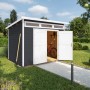 Lasiertes Weka Gartenhaus 264 mit Pultdach und geöffneten Doppeltüren. Im Inneren ein Fahrrad.