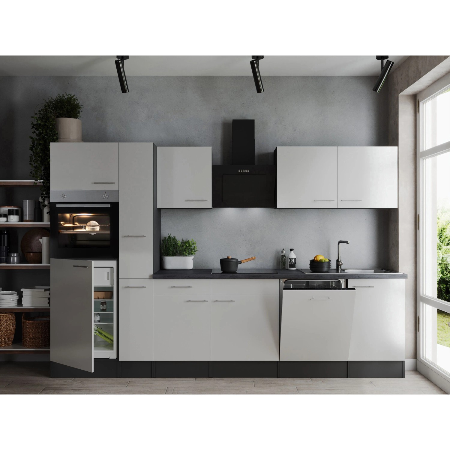 Moderne Respekta Küchenzeile Oliver 310 cm in Weiß mit Elektrogeräten und Arbeitsplatte in Granit Optik.