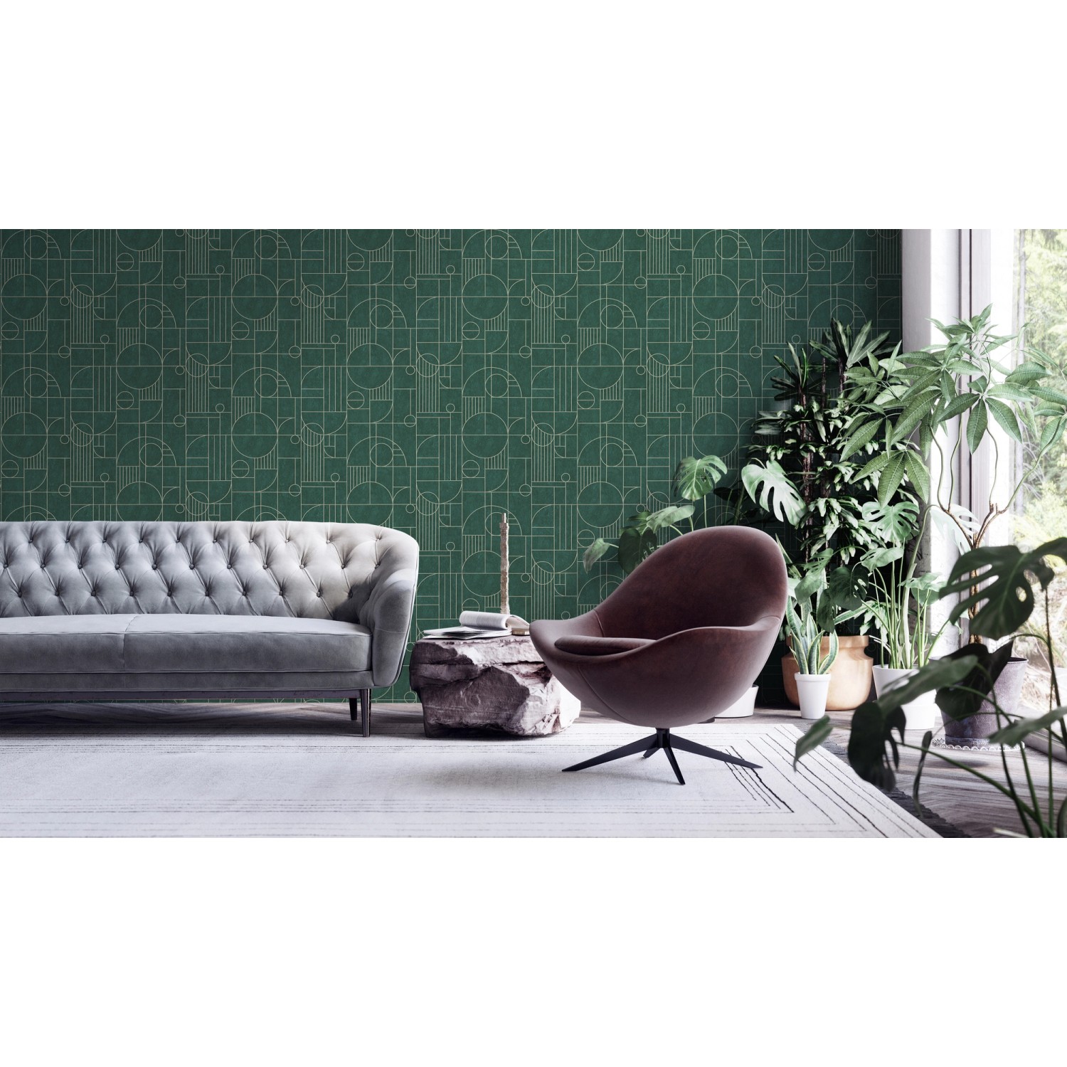 Wohnraum mit geometrischer Vliestapete in Opalgrün/Gold. Design mit Glanz und leichter Struktur.