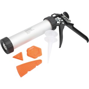 6-teiliges Auspresspistolen-Set mit Kartuschenpistole, Düsen und Fugenglättern für gleichmäßiges Auftragen.