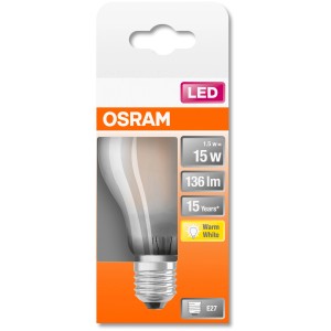 Osram LED-Lampe E27 in Glühlampenform, 1,5W, 136 Lumen, warmweiß, im Karton.