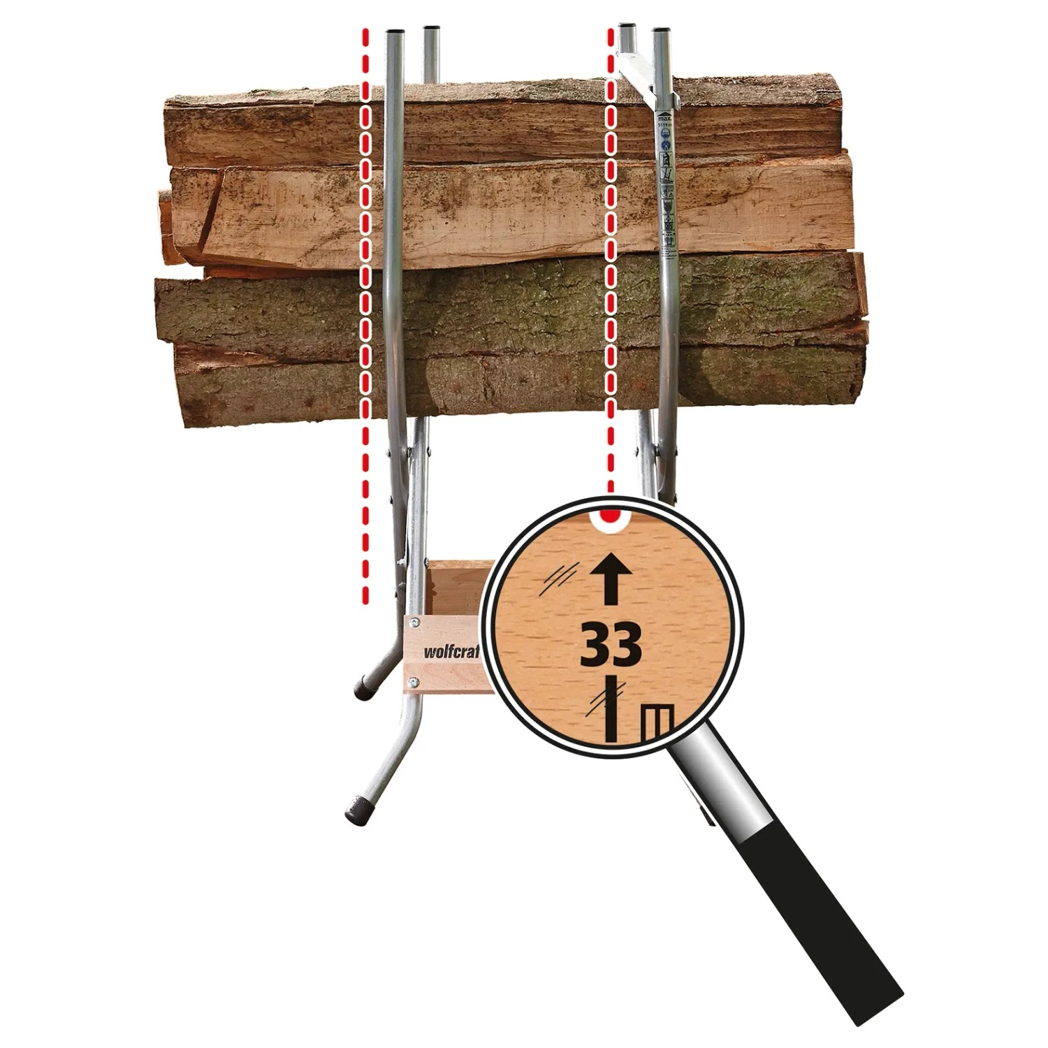 wolfcraft Sägebock SB 60 klappbar mit Holzscheiten und Detailansicht der Längenmarkierung.