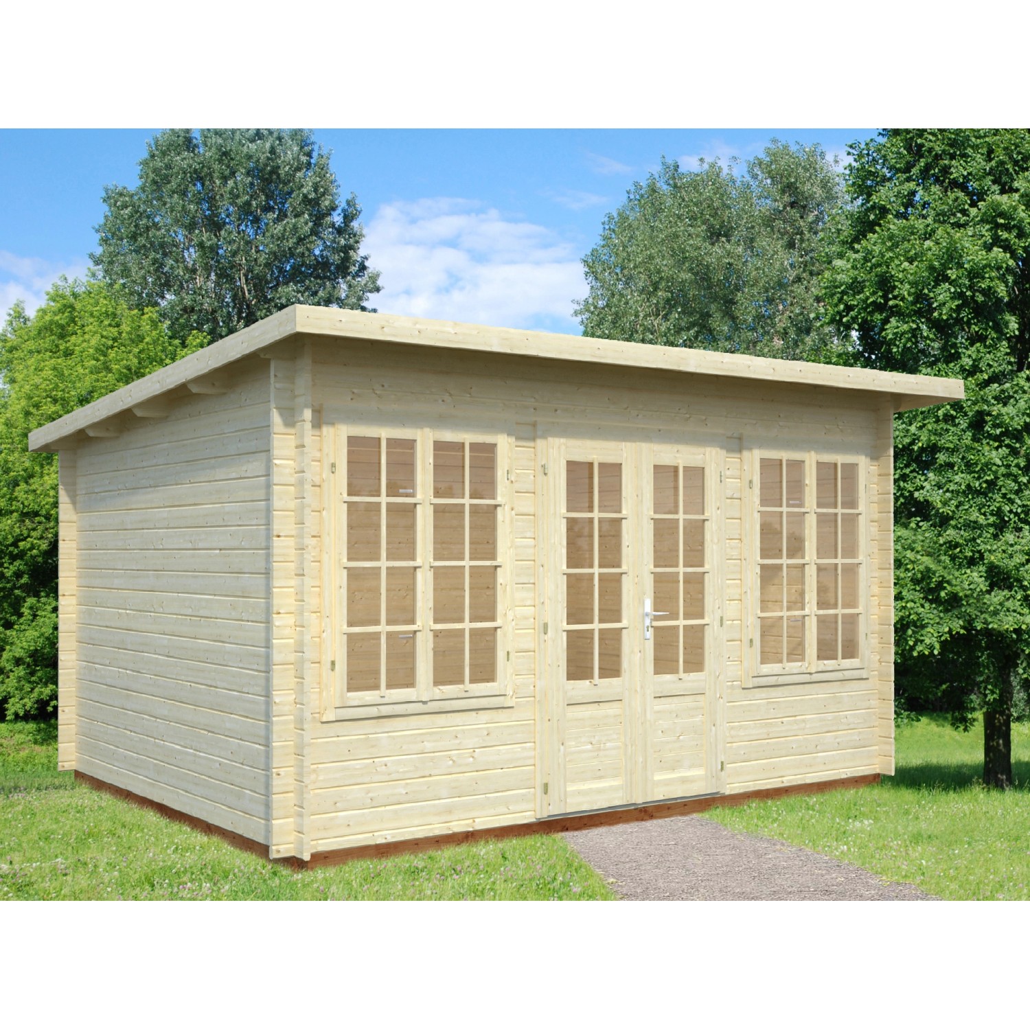 Palmako Gartenhaus Lisa, 400x300 cm, hellgrau-anthrazit, mit Doppeltür und Fenstern.