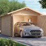 Karibu Blockbohlengarage aus Holz, 28 mm, mit geöffnetem Tor und Auto davor.