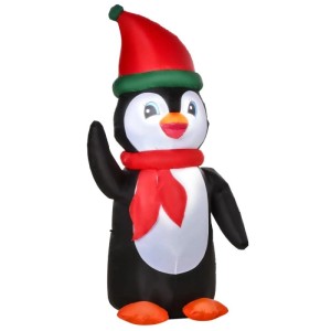 Aufblasbarer Weihnachts-Pinguin 1,6 m, schwarz-weiß, mit roter Mütze und Schal, winkend. Festliche Weihnachtsdekoration.