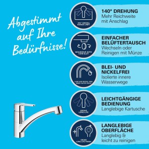Grohe QuickFix Start Eco Spültischarmatur in Chrom, seitliche Ansicht. Waschbeckenarmatur mit schwenkbarem Auslauf.