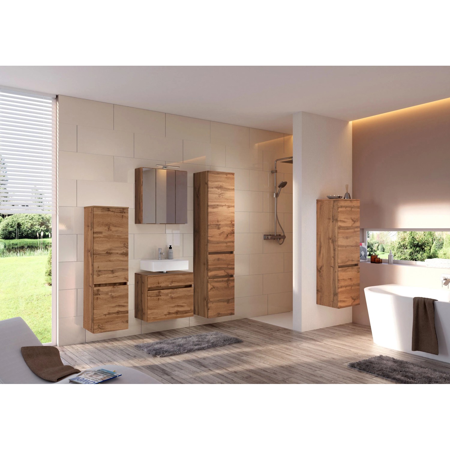 Held Möbel Bad-Hochschrank Verona, 40 cm, Wotaneiche, Teil einer Badezimmer-Set-Anordnung.