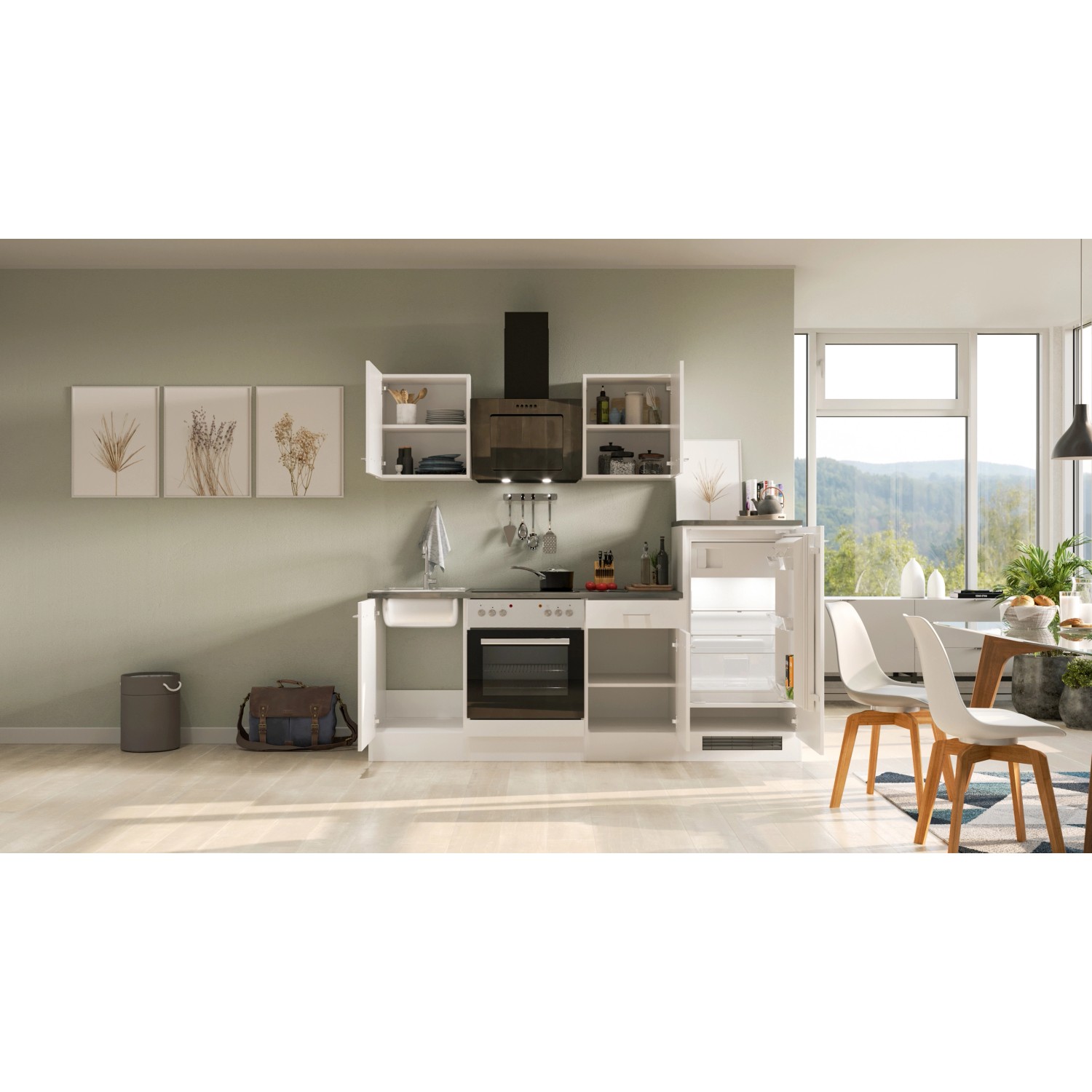 Flex-Well Küchenzeile Lucca 220 cm, weiß matt mit Caledonia Arbeitsplatte, inklusive E-Geräte.