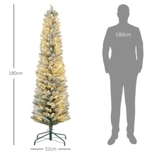 Schlanker, schneebedeckter HOMCOM Weihnachtsbaum 180cm mit warmweißen LEDs. Ideal für kleine Räume.