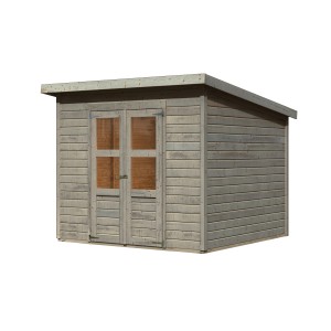 Vorvergrautes Karibu Gartenhaus Vellinge 6 mit Pultdach und Doppeltür mit Kunstglasfenstern.