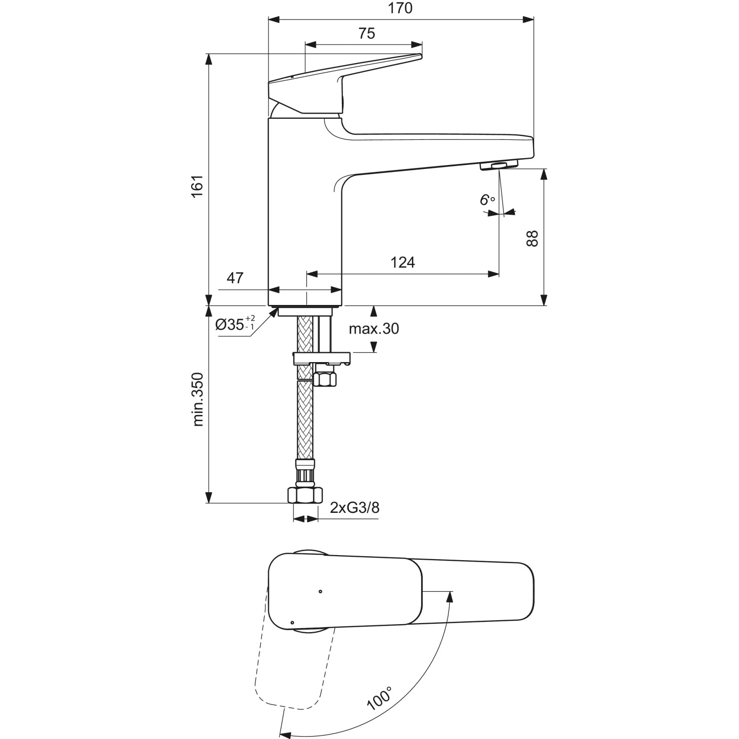 Technische Zeichnung: Ideal Standard Ceraplan Waschtischarmatur, H90, BlueStart, ohne Ablaufgarnitur, Schwarz Matt, Maße