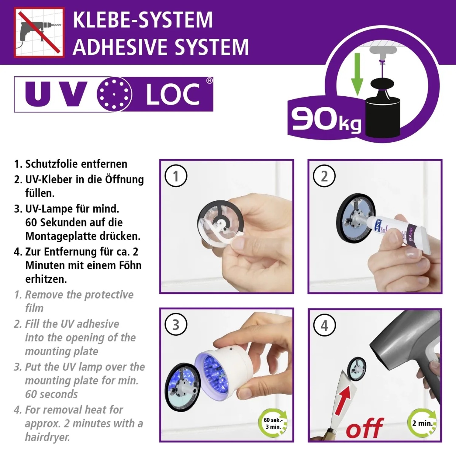 UV-Loc® Klebesystem Montageanleitung für Wenko Handtuchring Udine.