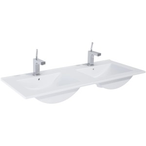 Weißes 120 cm Madrid Keramik Einbauwaschbecken mit zwei Becken und Armaturen.