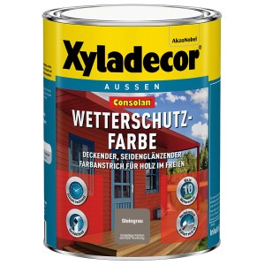 Dose Xyladecor Wetterschutzfarbe Consolan, Steingrau, seidenglänzend, für Holz im Außenbereich.