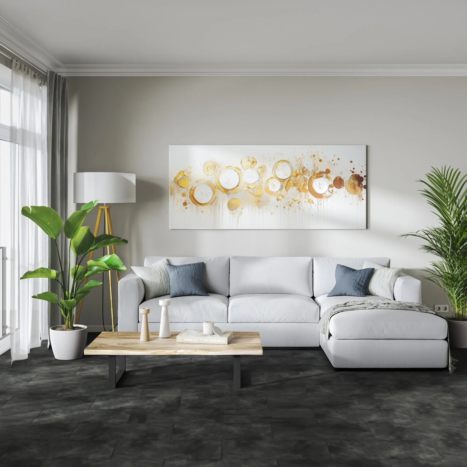 Verlegte, dunkle Bodenfliese Feinsteinzeug Togo 59,8x29,8 cm in Betonoptik im Wohnraum.