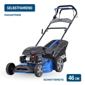 Blauer Hyundai Benzin-Rasenmäher LM4622G mit 46 cm Schnittbreite und Radantrieb.
