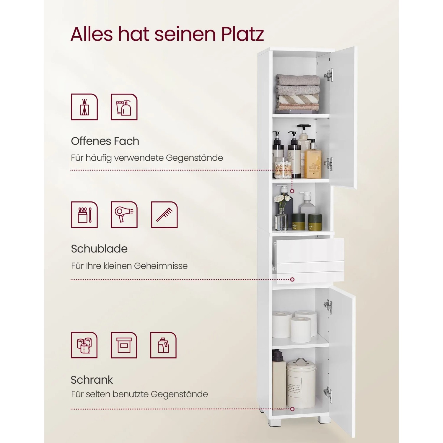 Weißer Vasagle Badezimmerschrank (30x30x170cm) mit Schublade und offenen Fächern.