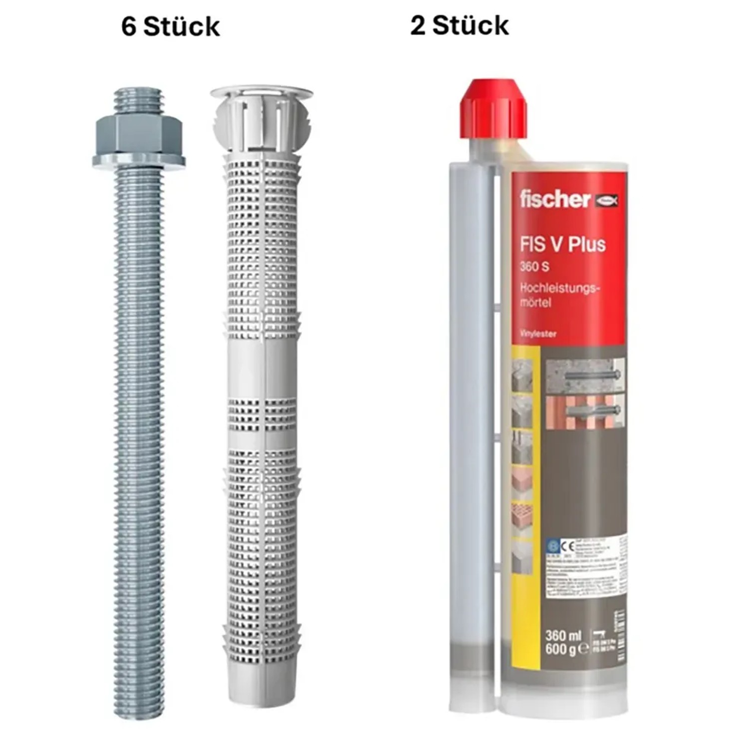 Fischer Montageset für 2-schaliges Mauerwerk mit Gewindestangen, Siebhülsen und Mörtel.