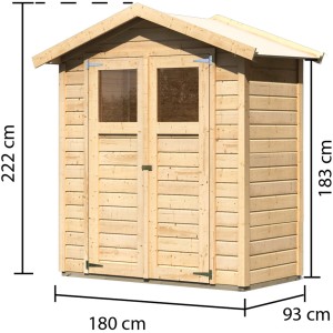 Karibu Holz-Gartenhaus Rom mit Satteldach, unbehandelt, mit Maßangaben.