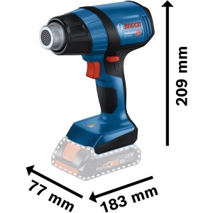 Bosch Professional Akku-Heißluftgebläse GHG 18 V-50, blau/schwarz, mit Maßangaben.