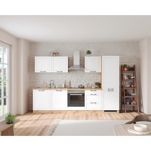 Held Küchenzeile Kempten 300 cm in Wotan/Weiß ohne E-Geräte. Moderne Einbauküche mit Hänge- und Unterschränken.