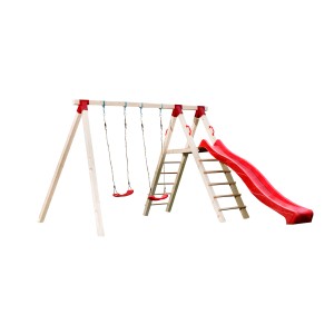 Tabaluga Doppelschaukel mit roter Rutsche und zwei Schaukelbrettern aus Holz.