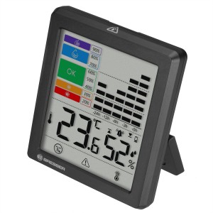 Schwarzes Bresser Thermo-Hygrometer mit Schimmelalarm zur Messung von Temperatur und Luftfeuchtigkeit.