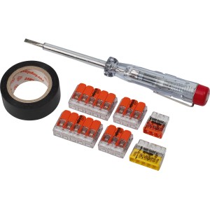 Elektro-Set mit Spannungsprüfer, Isolierband und WAGO Verbindungsklemmen.
