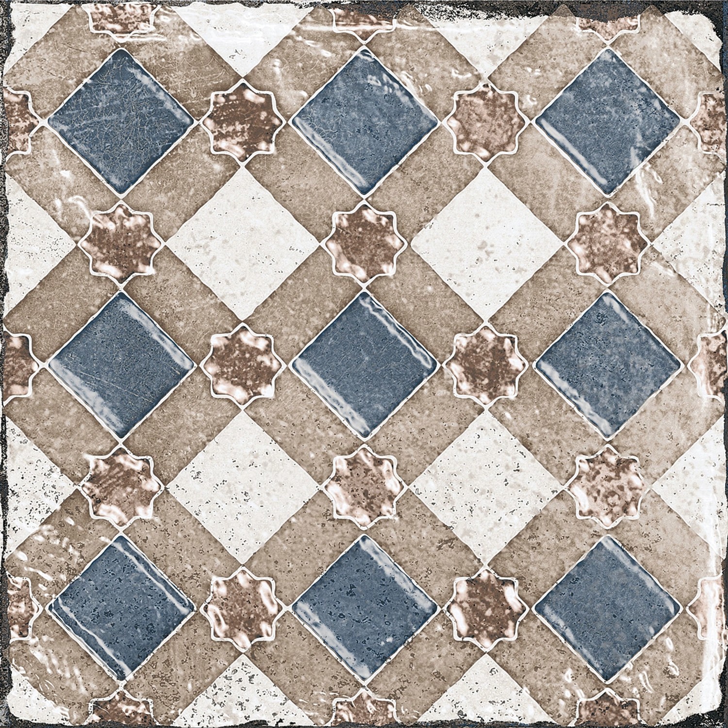 Quadratische, matte Bodenfliese aus Feinsteinzeug, 20x20 cm, mit blau-braunem Muster.