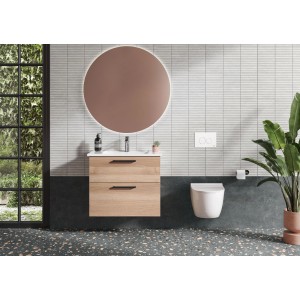 Modernes Bad mit anthrazitfarbener Feinsteinzeug Bodenfliese Materia und Holz-Waschtisch.