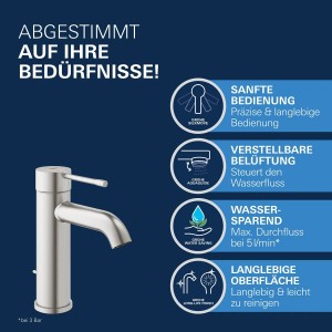 Grohe Essence Waschtischarmatur in Supersteel: Einhebelmischer für Waschbecken mit modernem Design.