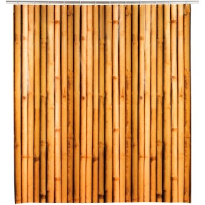 Brauner Wenko Duschvorhang Babusa (180x200 cm) mit Bambus-Muster und weißen Ringen.